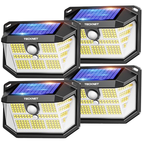 TECKNET 231 LED Solar Motion Lights Outdoor Waterproof, 4 Pack 300° Angle & 3 Lighting Modes PIR Motion Sensor Security Solar Wall Lights IP65 for Fence Front Door Yard Deck Garden Garage