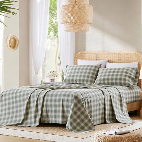 Comfort Spaces 100% Cotton Sheets Cal King, Breathable, Naturally Cool Cotton Sheets, Cotton Bed Sheets with 14" Elastic Pocket Fits up to 16" Mattress, All Seasons Sheet Set, Wesley Green 4 Piece
