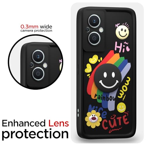 Image of Pikkme Back Cover for Oppo F21 Pro 5G / F21s Pro 5G | Soft Silicone| Cute Rainbow Smile & 3D Cartoon Flower Design | Shockproof Raised Camera Protection Bumper Case (Black)