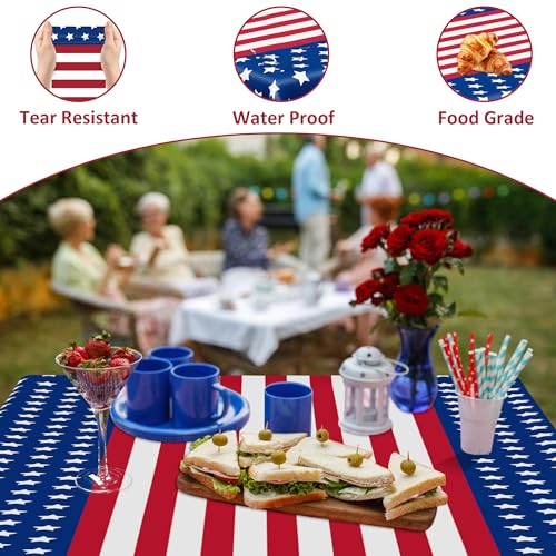 Image of 3 Pack Plastic 4th of July Tablecloths, Patriotic USA Flag Party Supplies | 108 inch X 54 inch 4th of July Decoration, Disposable Red White Blue USA Flag Tablecover, Waterproof Independence Decor for USA Party