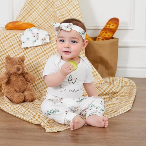 Newborn Baby Boy Girl Outfit Hi I'm New Here Short Sleeve Romper Koala Print Pants Headband Hat Coming Home Outfits2