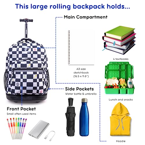 Image of J World Sunrise Kids Rolling Backpack with Wheels for Girls Boys, Roller Bookbag for School, 18 x 13 x 9 Inches, Icon Checkers
