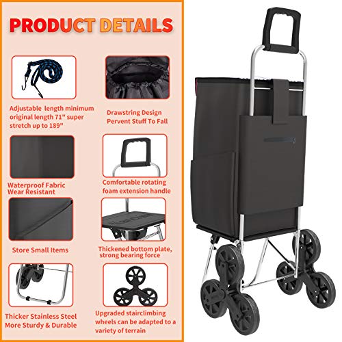 Kanchimi Shopping Cart Grocery,Stair Climber Cart with 50L Shopping Bag.220lbs Large Load (Black) - Thumbnail 6