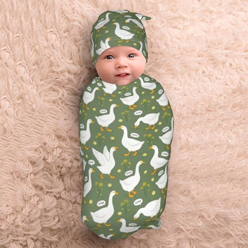 Image of Lcokin Cute Goose Baby Stuff Swaddle Blanket Hat Set for Boys Girls, Newborn Receiving Blanket Shower Gift