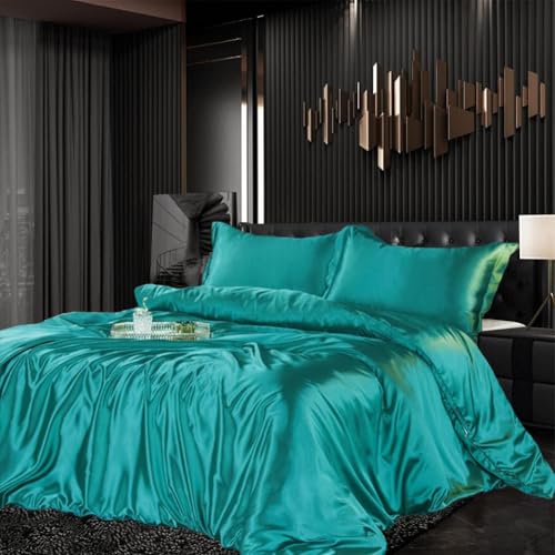 Bettwäsche Set Satin 135x200cm 4-teilig Grün - Luxuriöse, glatte Bettwäsche mit Reißverschluss und 80x80cm Kissenbezügen