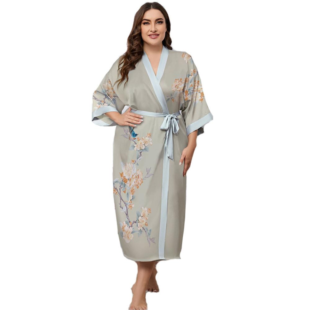 Damen Kimono aus Satin mit Blumenmuster Morgenmantel in Übergröße Seidig Lang Leicht Nachthemd mit V ausschnitt Weiches Loungewear Nachthemd