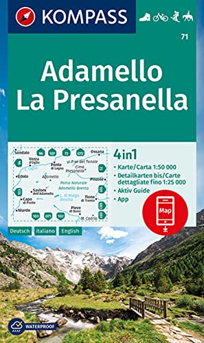 Carta escursionistica Kom 71. Adamello, La Presanella: 4in1 Wanderkarte mit Aktiv Guide und Detailkarten inklusive Karte zur offline Verwendung in der KOMPASS-App. Fahrradfahren. Skitouren. Reiten.