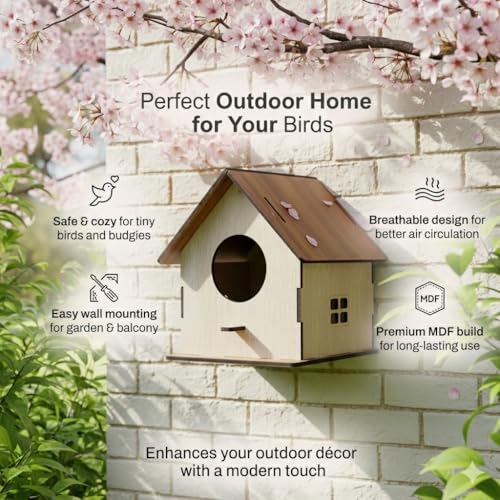 Image of Deskart Wooden Bird House | WallPatch Wooden Bird Nest for Balcony, Window and Garden | Suitable for Sparrow and Kingfisher etc. Birds