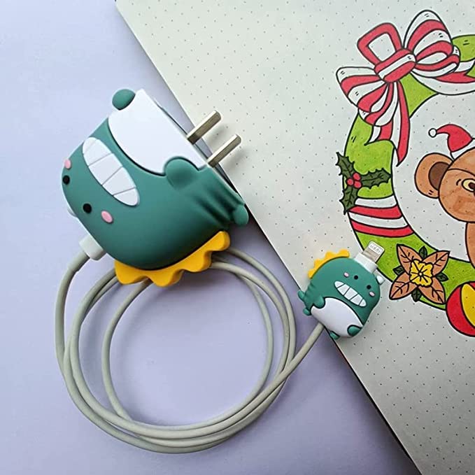 Image of Cartoon 3D Design Protective Case for 18W 20W iPhone 16 1514 13 12 11 Pro Max Fast Charging Cable Adapter Charger, Cute Cartoon Lightning Data Cable Case for iPhone Charger Cute Dinosuar