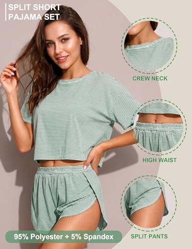 Image of Split Short Pajama Set Women's Striped Pjs with Sleeve Tee & Elastic Waist | Split-Leg Shorts Design, Soft Striped 2-Piece Lounge Set, Breathable Comfy, Travel, or Cozy Days At Home, Summer Vibes