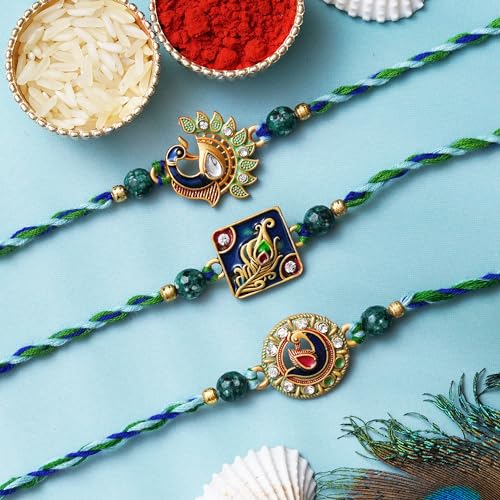 Image of eCraftIndia Set of 3 Pearl Diamond Rudraksha Designer Rakhis for Brother Bhaiya Bhai | Roli Chawal Pack | Raksha Bandhan Rakhi
