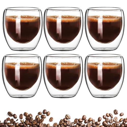 80 ML Doppelwandige Espressotassen Glas 6er Set Doppelwandig Espresso Gläser, Design Kaffeetassen hitzebeständig Latte Macchiato Kaffeegläser Set Thermo-Gläser Cappuccino Tassen Pülmaschinenfestes