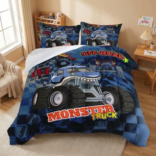 Ailonen Juego De Edredón De Camión Tamaño Matrimonial, 3d Monster Truck Sobre Fondo Azul, Juego De Ropa De Cama Para Niños Y Niñas Para Todas Las Estaciones, Microfibra Suave, 3 Piezas, 1 Edredón Y 2