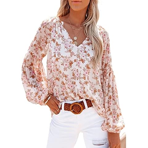 Joiemont Womens Boho Floral Print Blouses Lantern Long Sleeve V Neck Loose Casual Shirts Tops, Floral White, Medium Cover