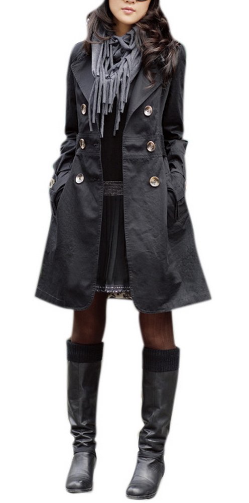 Lingswallow Women Elegant Double Breasted Belted Long Jacket Trenchcoat S Black
