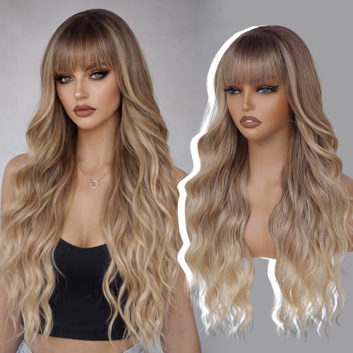 Long Blonde Wigs with Bangs 26Inch Wavy Curly Hair for Women Tangle Free Beginner Friendly Soft Natural Looking Wig for Daily Party Use