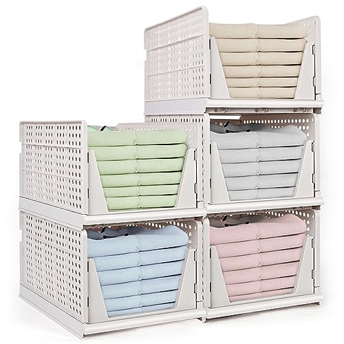 5er Set Höher Schubladenbox, Weiß Stapelbare Kleiderschrank Organizer, Faltbaren Regal Aufbewahrungsbox, Stapelbaren Schrank Schubladen, Plastik Lagerkisten 42 x 33 x 25cm