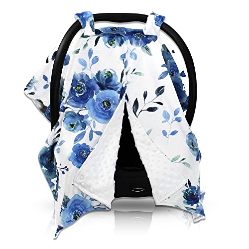 Image of Dear Baby Gear Car Seat Cover for Boys & Girls - Baby Carseat Canopy w /Snap Opening - Infant Seat Cover - Stroller & Nursing Covers - Newborn Carrier Canopy - 40x30 inch(Blue Watercolor Roses, White Dot)
