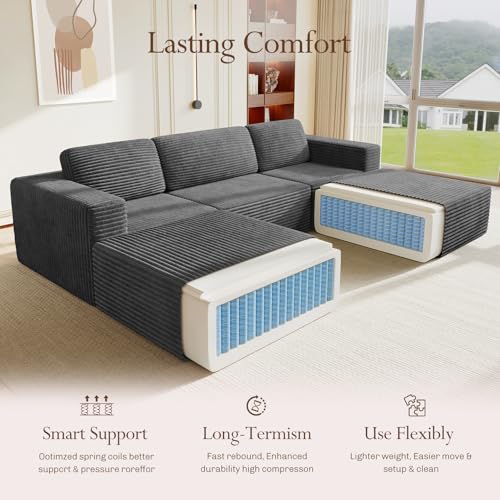 Image of Vesgantti 119 inch Oversized U-Shaped Modular Sectional Sofa, Corduroy Cloud Couch with Deep Seating & Spring Support, Convertible Sofa with 2 Ottomans, Boneless Couch, No Assembly Required, Grey