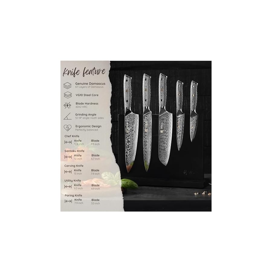 Wakoli Knife Block Sets, 5 Pieces Chef Knife Set with Block - Damascus Kitchen Knife Set with Magnetic Knife Block, Professional Kitchen Knife Block Set with G10 Handles for All Tasks (Noir Blanc)