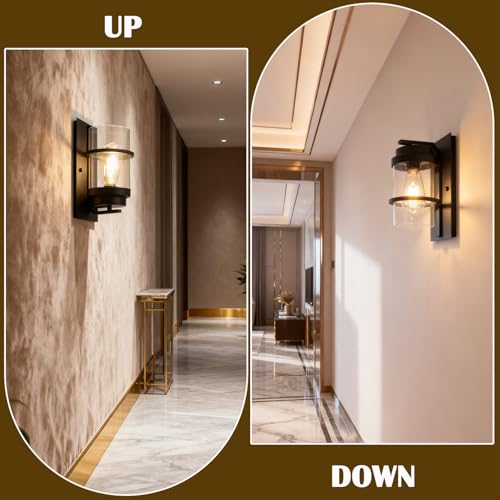 Image of Modern Farmhouse Black Wall Sconce,Glass Wall Light Fixture,E26 | Industrial hardwired indoor fixture,ideal for bedroom,hallway,bathroom and living room,modern style home decor with E26 base.