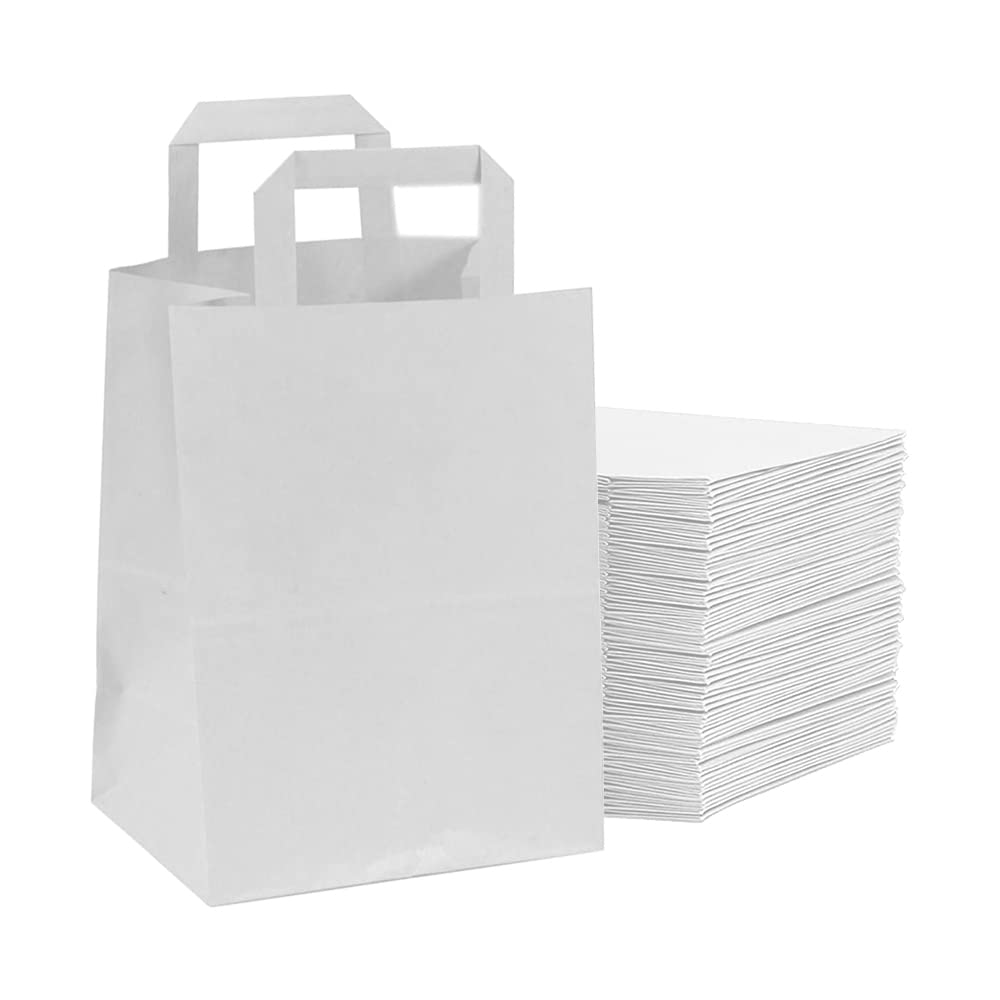 Tezraftaar® 50 x Paper Bags with Flat Handle 22cm x 23cm x 11cm (Medium) White Kraft Carrier Bags for Carry Cloths Shopping Parties