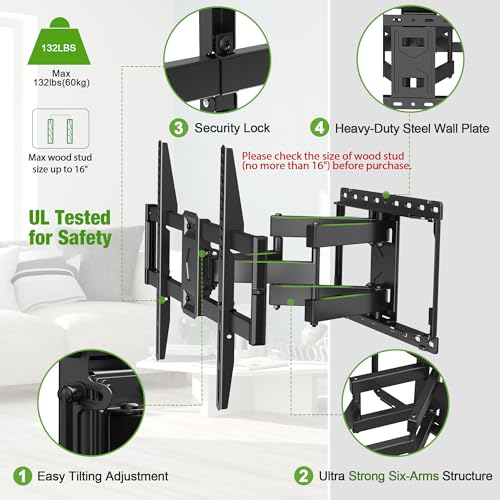 USX-Mount-Full-Motion-TV-Wall-Mount-for-Most-42-86-inch-Flat-ScreenLED4K-TV-Mount-Bracket-Dual-Swivel-Articulating-Tilt-6-Arms-Fits-8-12-16-Wood-StudsMax-VESA-600x400mm-Holds-up-to-132lbs USX Mount Full Motion TV Wall Mount for Most 42-86 inch Flat Screen/LED/4K, TV Mount Bracket Dual Swivel Articulating Tilt 6 Arms, Fits 8” 12” 16" Wood Studs,Max VESA 600x400mm, Holds up to 132lbs - Image 5