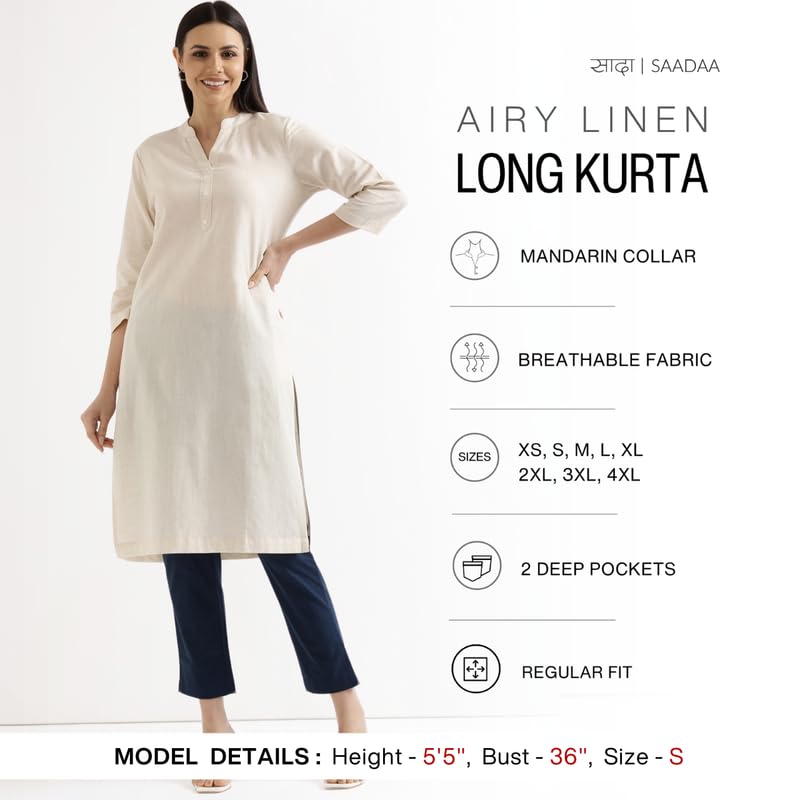 Image of SAADAA Women's Linen Straight Fit Straight Long Kurta Airy Plain Kurta, 3 /4 Sleeve, Knee Length Kurtis with Pockets, Casual and Office Wear
