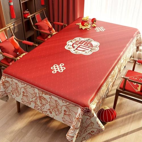 Surwin Mantel Hule Mesa, Manteles de PVC Rectangular, Patrón Rojo de Año Nuevo Mantel Antimanchas, Manteles Mesa Impermeable, Ropa Mesa Camilla Lavable para Fiestas, Decoración (Rojo 2,60x120cm)