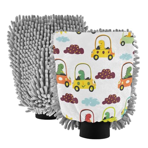 STAYTOP Cartoon Dinosaur Car Wash Mitt Microfiber, 2Pcs Scratch Free Lint-Free, Premium Chenille Microfiber Mitt Car Wash Brush-L