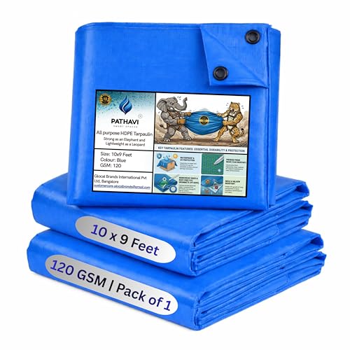Image of Premium 10x9ft Blue Tarpaulin, Thadika, 120 GSM Virgin Tharpai Sheet, Heavy Duty Waterproof Tadpatri Cover with Reinforced Eyelets & UV Protection, Ideal for Trucks, Farms & Home Use, 1 Sheet