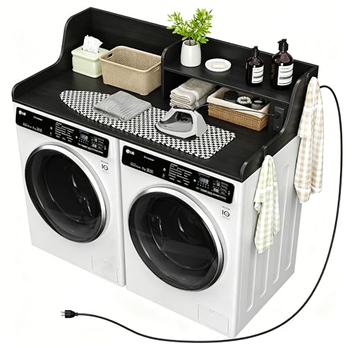 Forjarn 2 Tier Washer Dryer Countertop, 54' W x 27.5' D Laundry Countertop with Power Outlet, Wood Washer and Dryer Topper with Non-Slip Pad, Dryer Cover Shelf for Laundry Room Organization (Black)