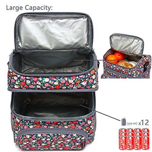 Flowfly Double Layer Cooler Insulated Lunch Bag Adult Lunch Box Large Tote Bag For Men, Women, With Adjustable Strap,Front Pocket And Dual Large Mesh Side Pockets,Floral #TOP4