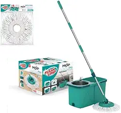 Mop Giratório Pro com Balde e Refil Extra, Verde, Sistema de Centrifugação