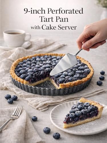 Image of 9 Inch Perforated Quiche Pan for Crispy Crust w /Cake Server. Removable Bottom, Non-Stick Coating, Rugged Carbon Steel Dish for Tart Quiche Pie Baking. Gift for Christmas Thanksgiving Party