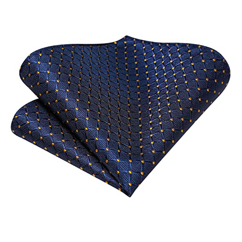 Hi-Tie Dark Blue Ascot Gold Dot Cravat And Lapel Flower Set Pocket Square Cufflinks Scarf For Men #TOP4
