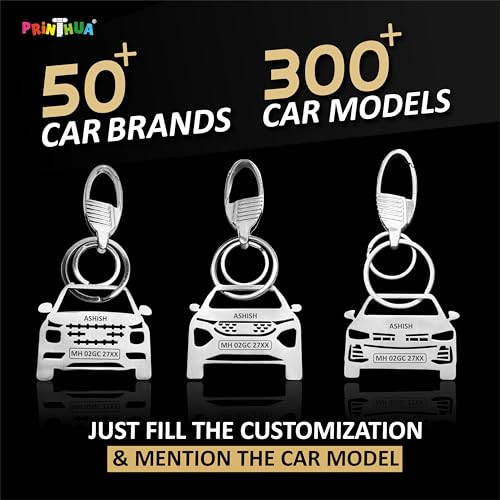 Image of PRINTHUA Personalized Stainless Steel Car Keychain - Customize Your Car Number Plate on Car Model Keychain, Gift for Car Lovers, Family Members & Loved Ones, Silver