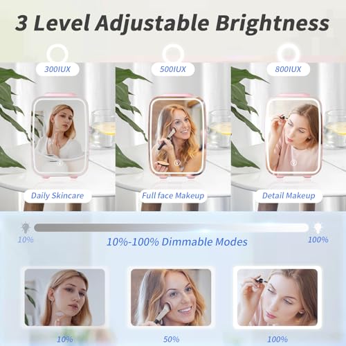 Image of YASHE Skincare Fridge Mini Fridge for Bedroom with Dimmable LED Mirror, 4Liter /6 Cans Cooler and Warmer for Makeup, Cosmetic, Beauty, Portable Refrigerator for Bedroom, Vanity, Office and Car- Pink