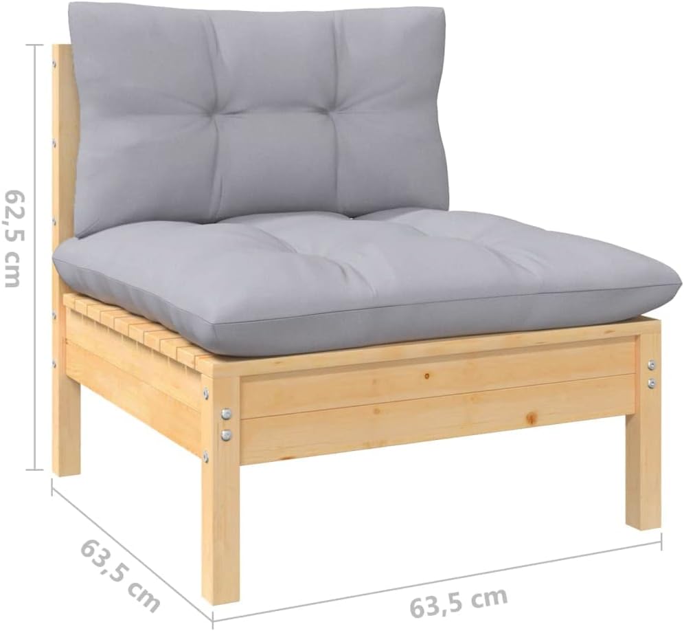 vidaXL Solid Pinewood Patio Middle Sofa with Gray Cushions – Durable Outdoor Furniture with Modular Design for Personalized Configuration
