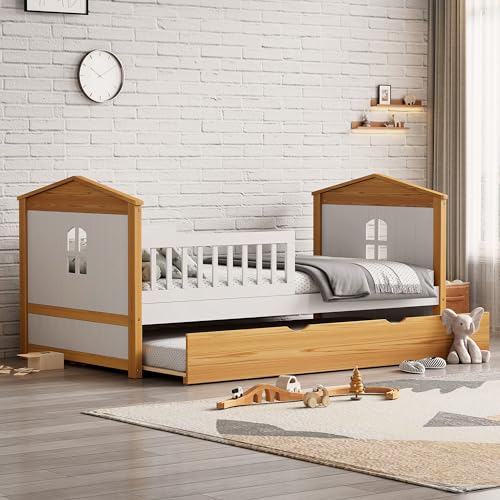 Twin-Size-House-Shape-Bed-with-with-Trundle-and-Safety-Fence-Guardrails-Bed-Toddler-Bed-for-Girls-BoysNo-Box-Spring-Needed-Walnut-and-White Twin Size House Shape Bed with with Trundle and Safety Fence Guardrails Bed Toddler Bed for Girls BoysNo Box Spring Needed Walnut and White