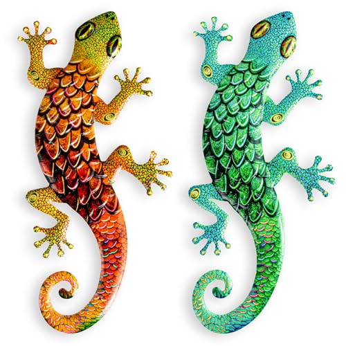 AOFOX Lot de 2 décorations murales en métal motif gecko lézard art de jardin couleur sculpture à suspendre pour intérieur et extérieur patio clôture...