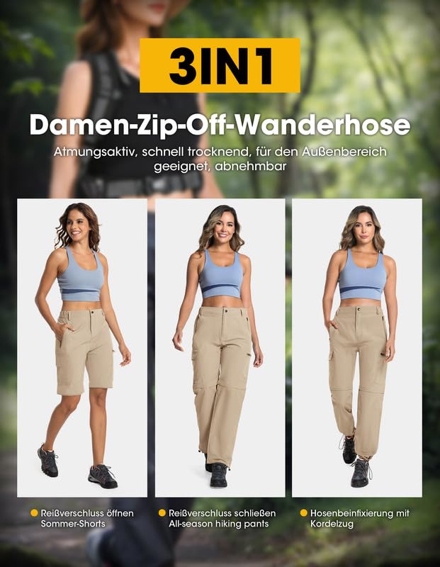 BondiTrekk Damen-Wanderhose-Zip-Off-Trekkinghose, Atmungsaktiv Wanderhose Damen Schnell Trekkinghose Abnehmbar Zip Off Outdoorhose Sommer Hiking Pants Funktionshose Khaki M