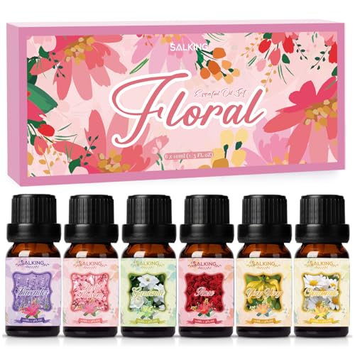SALKING Bloemen etherische oliën set, aromatherapie geurolie cadeauset, pure geuroliën voor diffusers en luchtbevochtigers, 6x10 ml (lavendel, kersenbloesem, gardenia, roos, ylang-ylang, kamille)