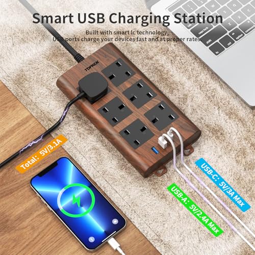 TOPREK Wood Grain 6 Way Extension Lead with USB Slots, 2M Extension Cable - Image 4