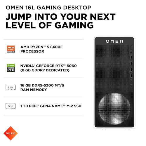 Image of HP OMEN 16L Gaming Desktop PC, AMD Ryzen 5 8400F, 16 GB RAM, 1 TB SSD, NVIDIA GeForce RTX 5060, Windows 11 Home, Microsoft Copilot, Panda Metal, TG03-0220 (2026)