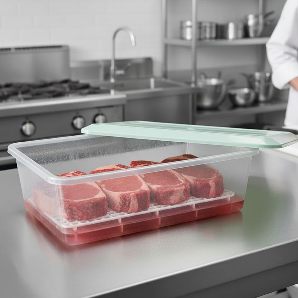 Pack 6 Bandejas Descongelar Alimentos 6,5L Tapa Verde y Rejilla Antigoteo | 36 x 24 x 12,5cm. Sin BPA. Recipiente para descongelación más higiénica. Ideal cocinas, restaurantes, hostelería y cátering