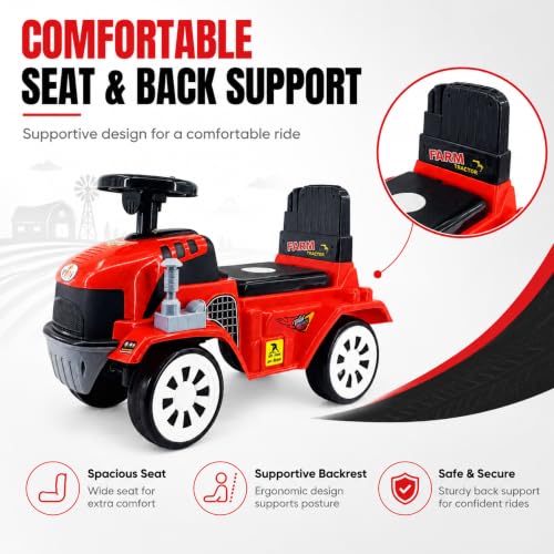 Image of Farm Tractor Ride On Toy for Kids 2-5 Years, Foot-to-Floor Manual Ride On with Comfortable Backrest, Easy-Grip Steering Wheel, Wide Wheels, Indoor & Outdoor Ride On Toy for Boys & Girls
