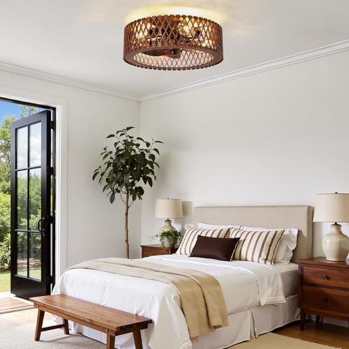Image of 20 inch Flush Mount Ceiling Fan with Light, Wooden Caged Low Profile Fandelier with Remote, 6-Speed Reversible Bladeless Fan, Farmhouse Ceiling Fan for Bedroom, Kitchen, Living Room