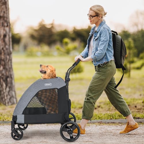 COSTWAY Hundewagen, Hundebuggy klappbar, bis 60 kg, Haustierwagen mit Vordertür & Netzfenstern & Griff, Haustiere Buggy Hundetrolley, für mittelgroße große Hunde Katzen, Grau, 67x98x121cm