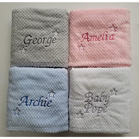 Baby Boy Girl Personalised Blanket Embroidered Name and Date Soft Baby Blanket Pink Blue Grey White (Blue) Cover
